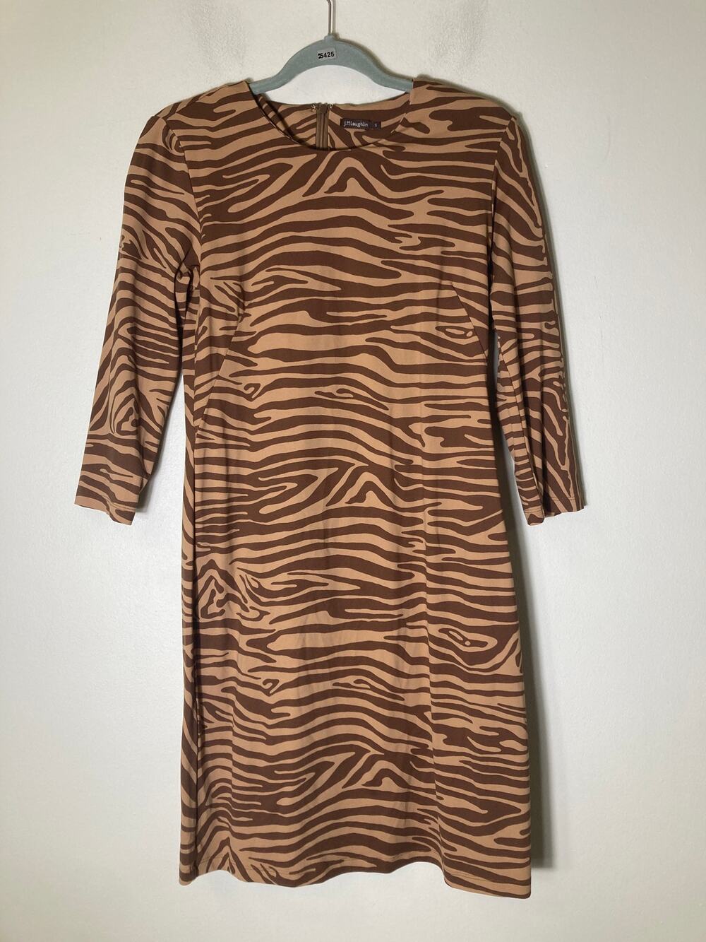 J. McLaughlin Tan Brown Animal Print 3/4 Sleeve Crew Neck Sheath Dress Sz S